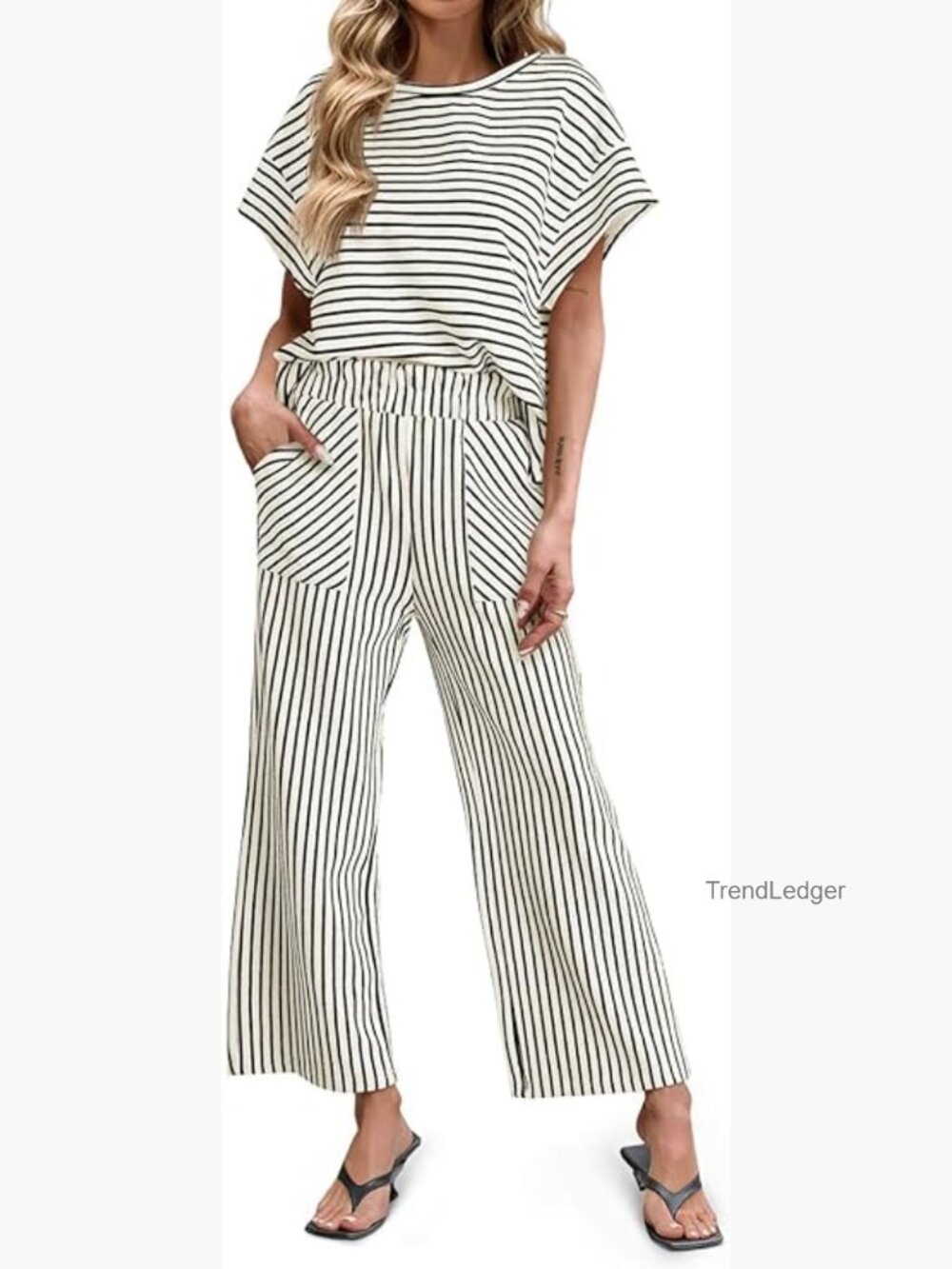 Striped 2 Piece Lounge Set Short Sleeve Wide Leg Pants Pockets